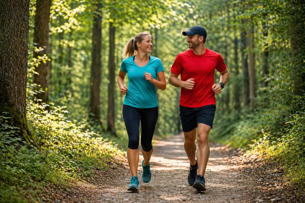 Läufer-Paar joggt im Wald – Vorbereitung auf den Hermannslauf im Teutoburger Wald